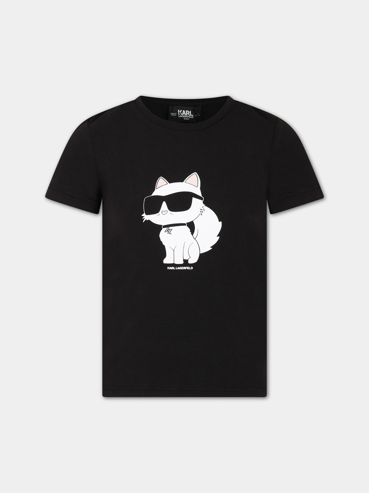 T-shirt nera per bambina con stampa e logo,Karl Lagerfeld Kids,Z15416 09B