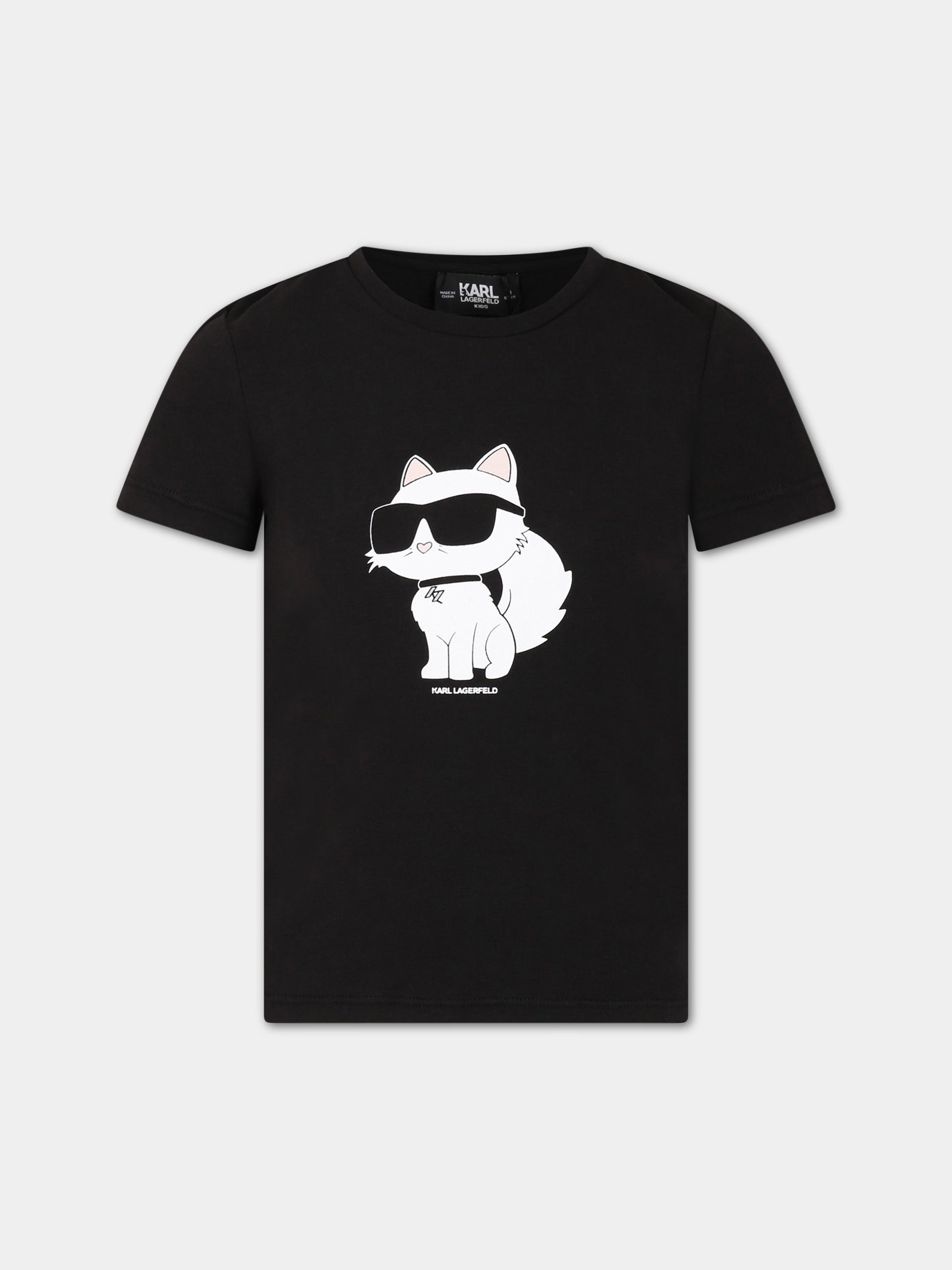 T-shirt nera per bambina con stampa e logo,Karl Lagerfeld Kids,Z15416 09B