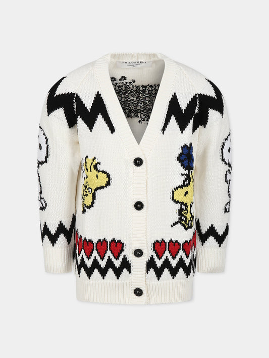 Cardigan bianco per bambina con cuori e Snoopy,Philosophy,PJMA85C FL01 D030