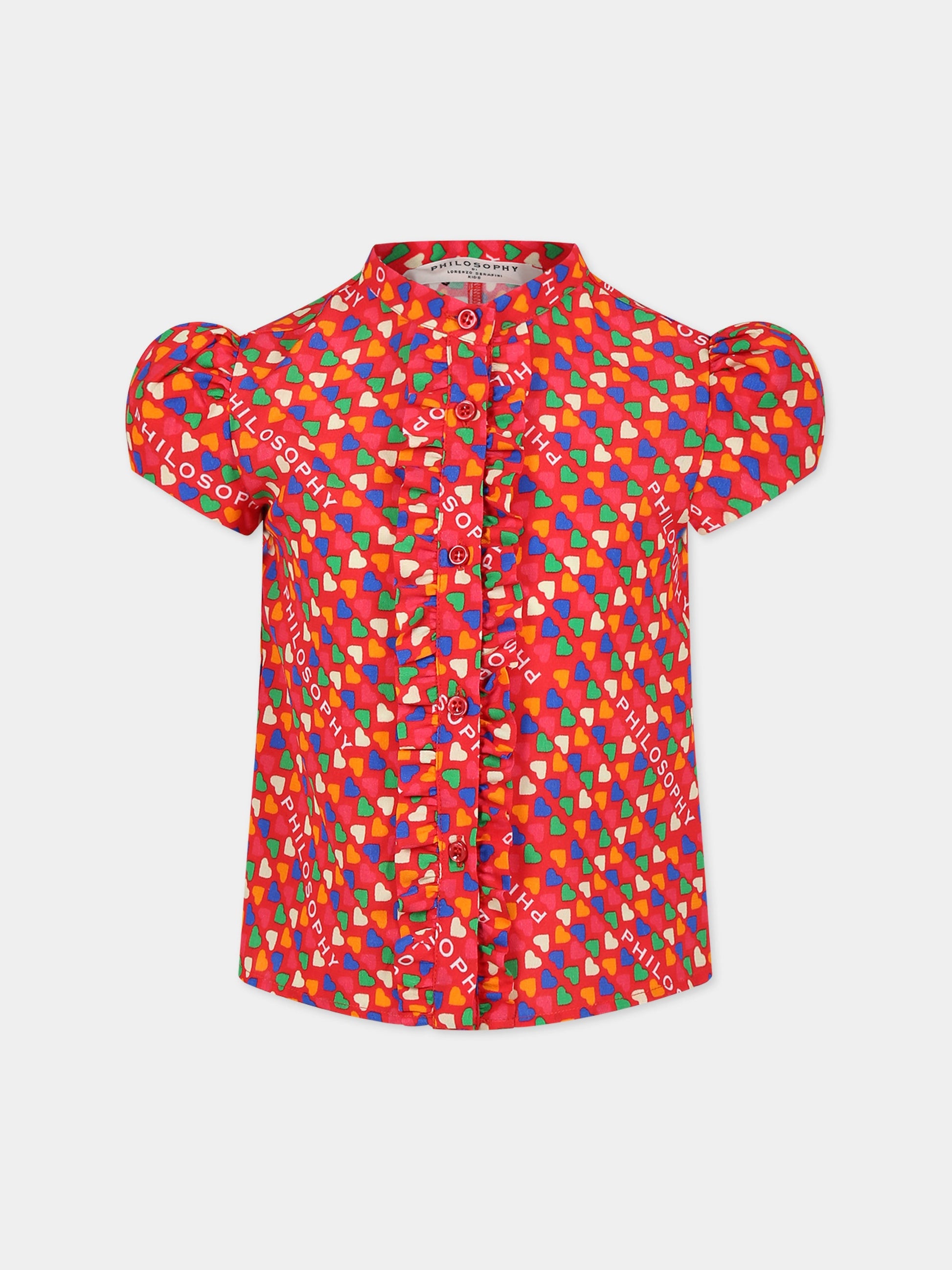Camicia rossa per bambina con cuori e logo,Philosophy,PJCA136 GA111 3002