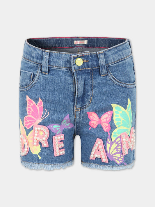 Shorts blu per bambina con scritta  Dream  e farfalle,Billieblush,U14644 Z18