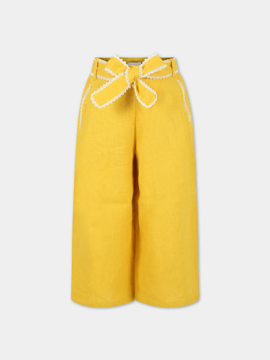 Pantaloni gialli per bambina con dettagli smerlati,Chloé Kids,C14728 588