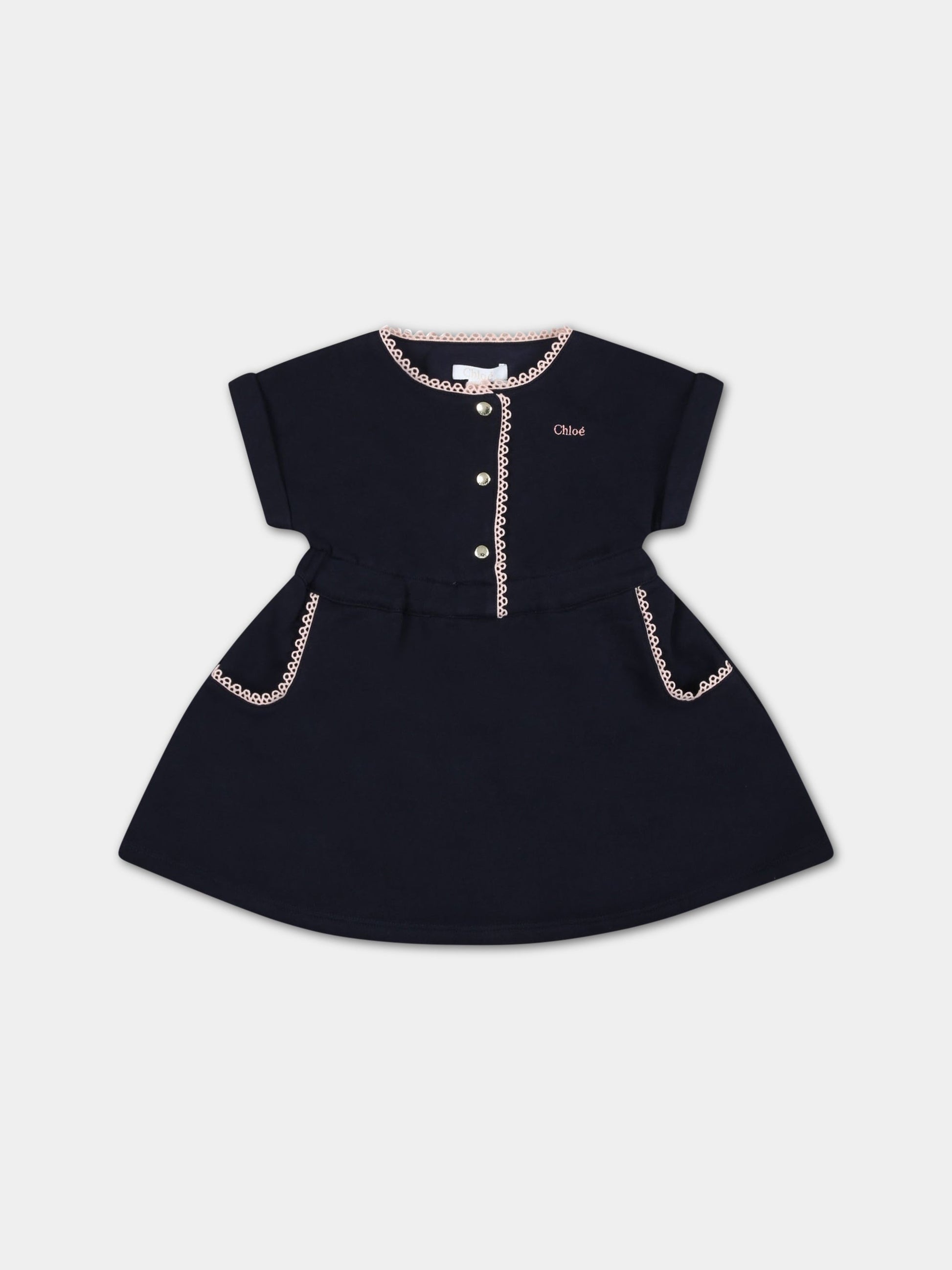 Vestito blu per neonata con logo rosa,Chloé Kids,C02338 859