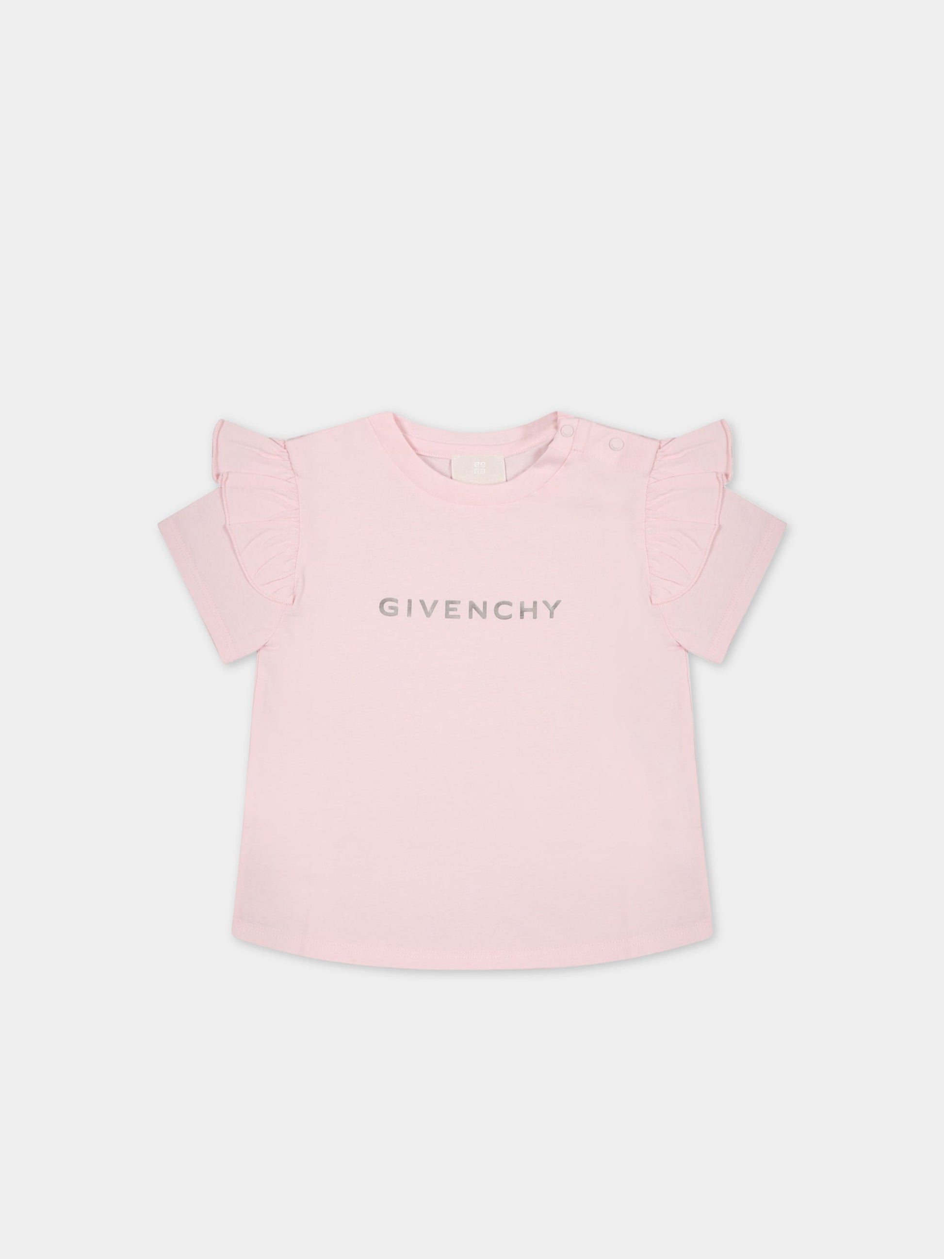 T-shirt rosa per neonata con logo argentato,Givenchy Kids,H05256 44Z