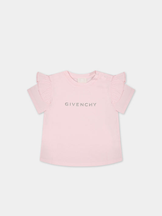 T-shirt rosa per neonata con logo argentato,Givenchy Kids,H05256 44Z