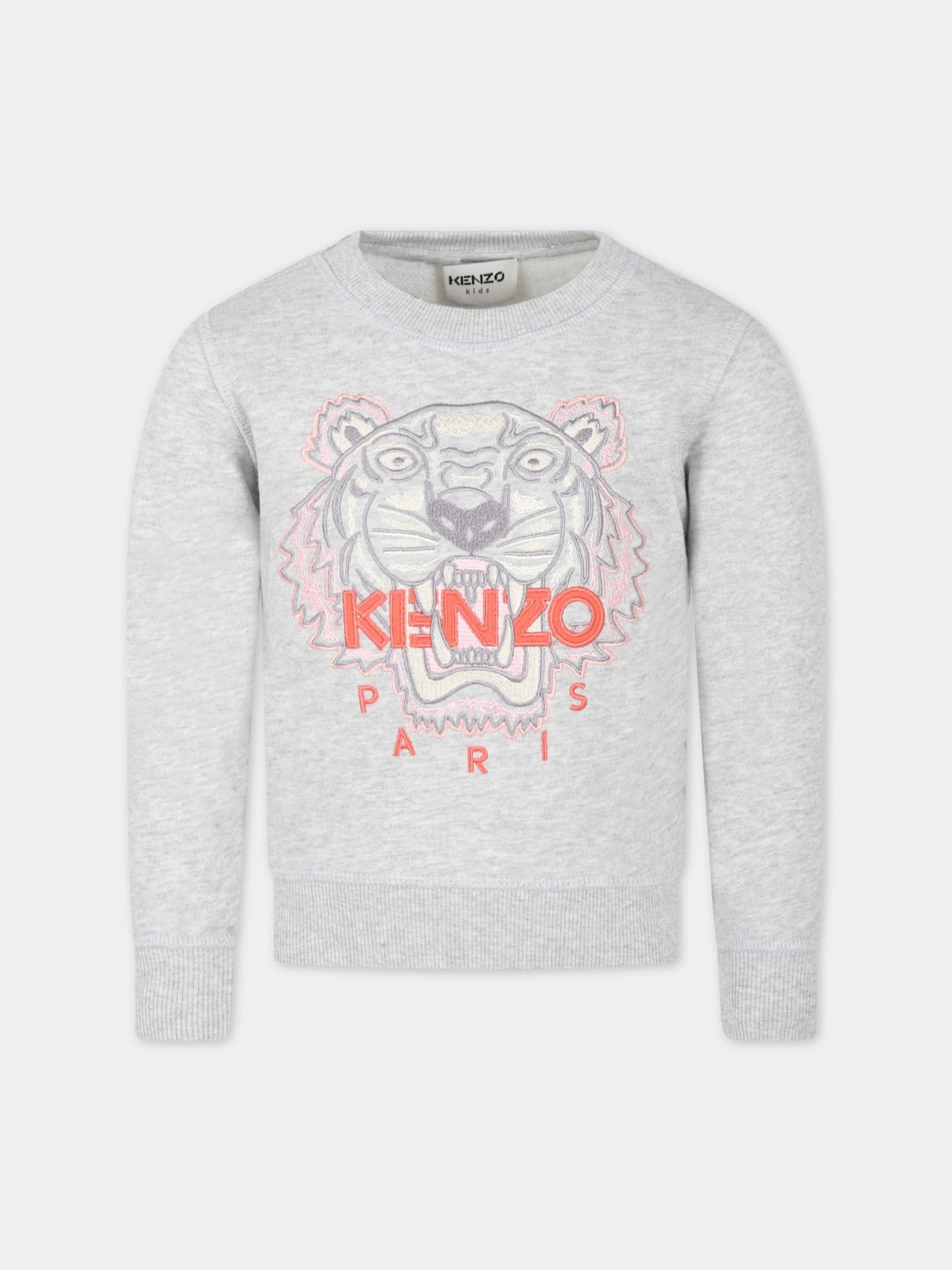 Felpa grigia per bambina con tigre e logo,Kenzo Kids,K15649 A07