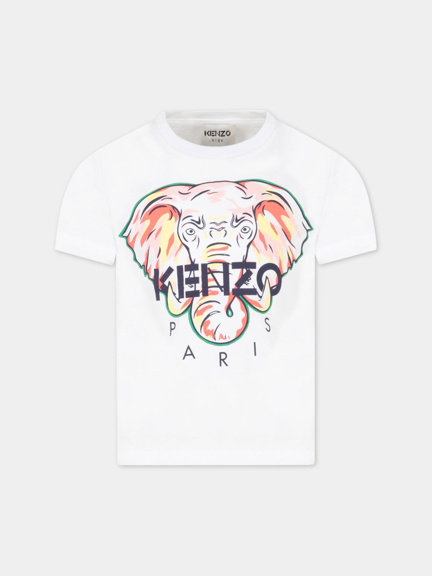 T-shirt bianca per bambina con elefante e logo,Kenzo Kids,K15619 10P