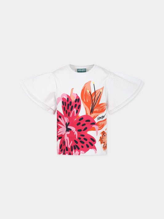 T-shirt bianca per bambina con stampa fiori e logo,Kenzo Kids,K15627 10P