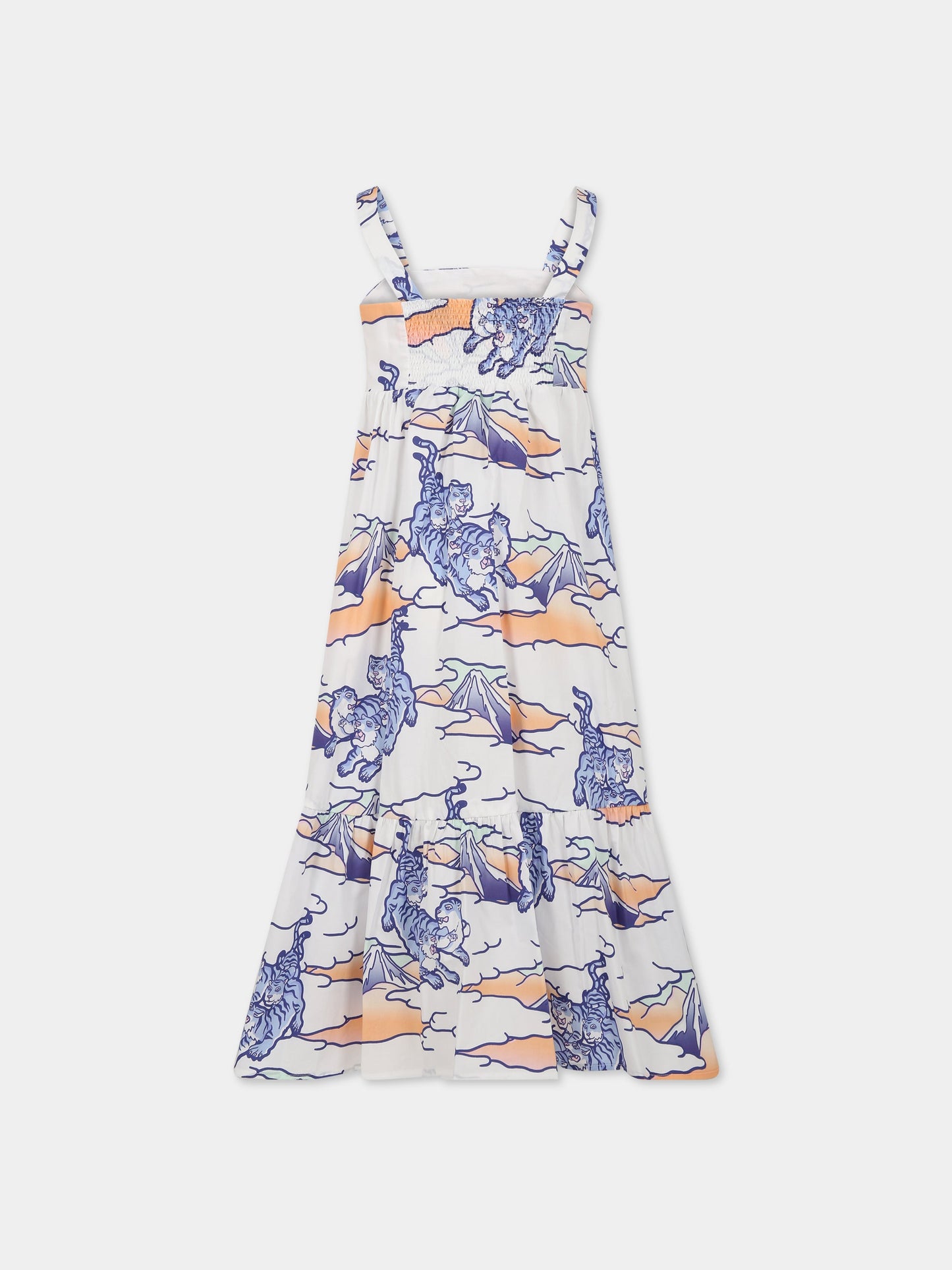 Vestito bianco per bambinaa con stampa multicolor, tigri e logo,Kenzo Kids,K12298 10P