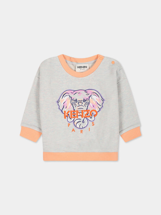 Felpa grigia per neonata con stampa elefante e logo,Kenzo Kids,K05484 010