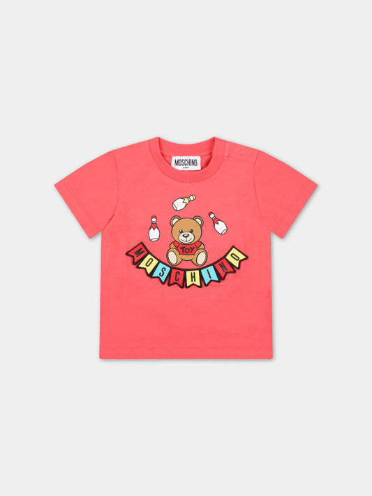 T-shirt rossa per neonati con logo multicolor,Moschino Kids,MUM02W LBA10 50218