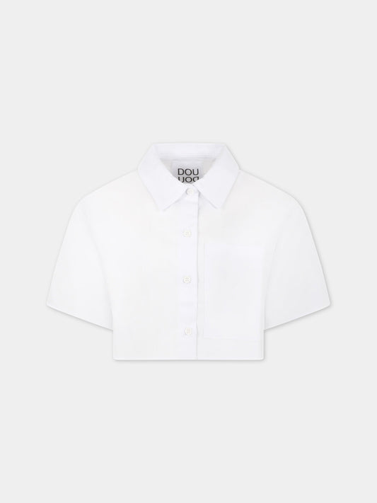 Camicia bianca per bambina con logo nero,Douuod Kids,DS5A01 Z1219 100
