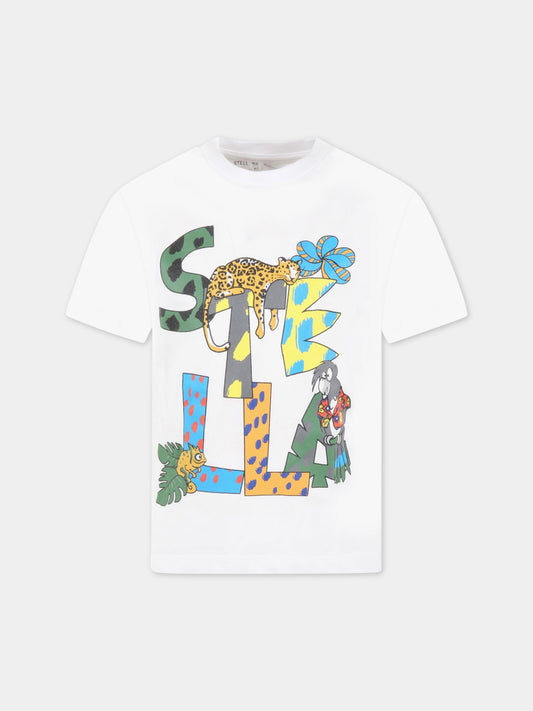 T-shirt bianca per bambini con logo e animali,Stella Mccartney Kids,TS8S91 Z0434 100