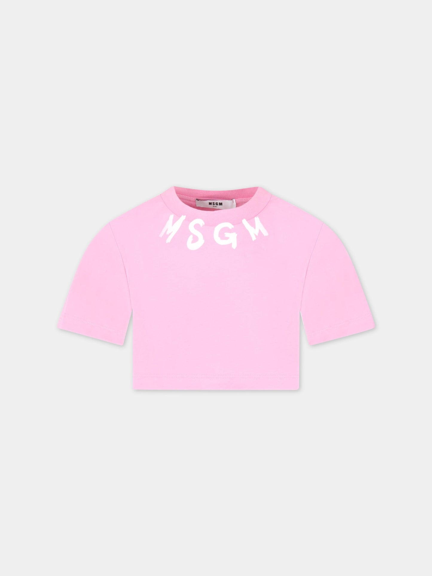 T-shirt rosa corta per bambina con logo bianco,Msgm Kids,MS029339 042