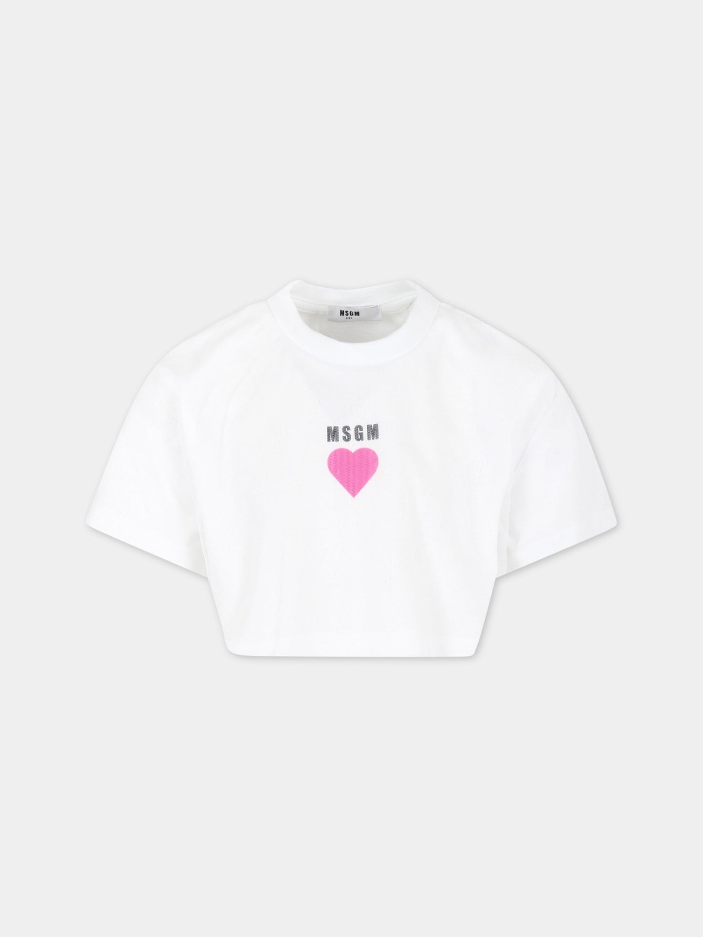 T-shirt bianca per bambina con cuore e logo,Msgm Kids,MS029437 001