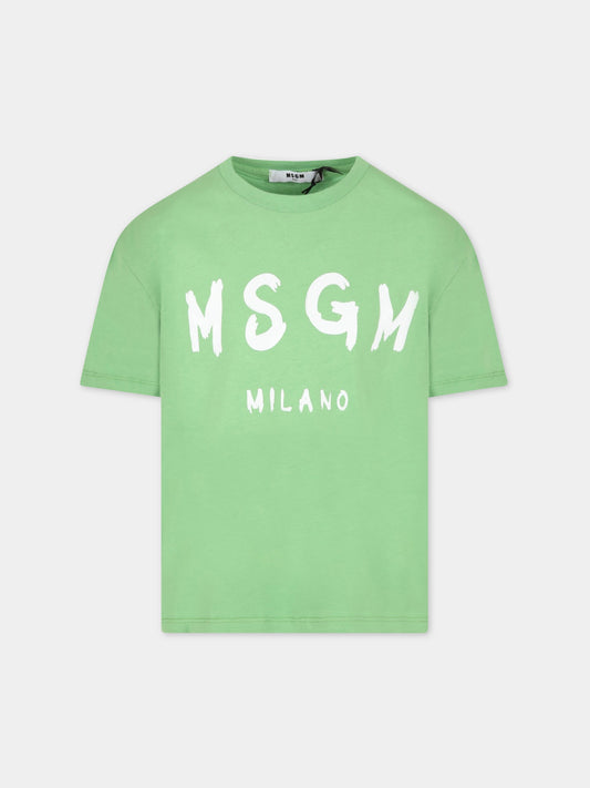 T-shirt verde per bambini con logo bianco,Msgm Kids,MS029372 902