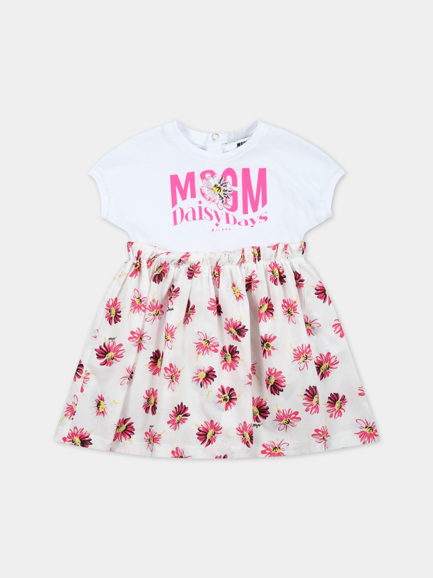 Vestito bianco per neonata con logo e fiori,Msgm Kids,MS029386 200