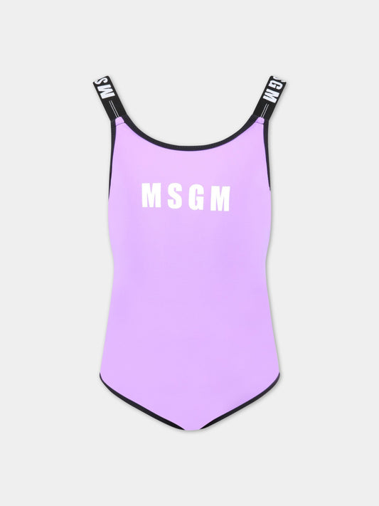 Costume viola da bagno per bambina con logo bianco,Msgm Kids,MS029343 071