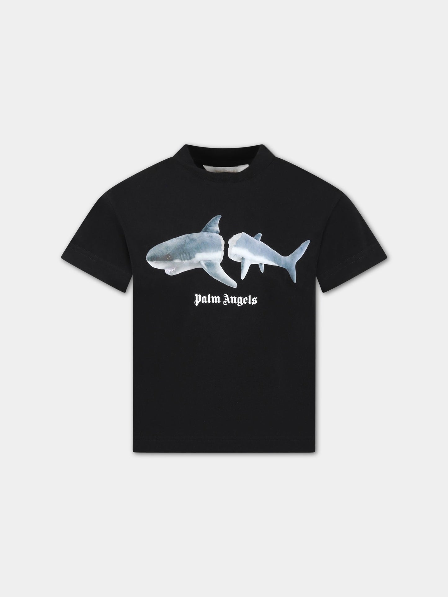 T-shirt nera per bambino con logo bianco e squalo,Palm Angels,PBAA003C99JER0031006