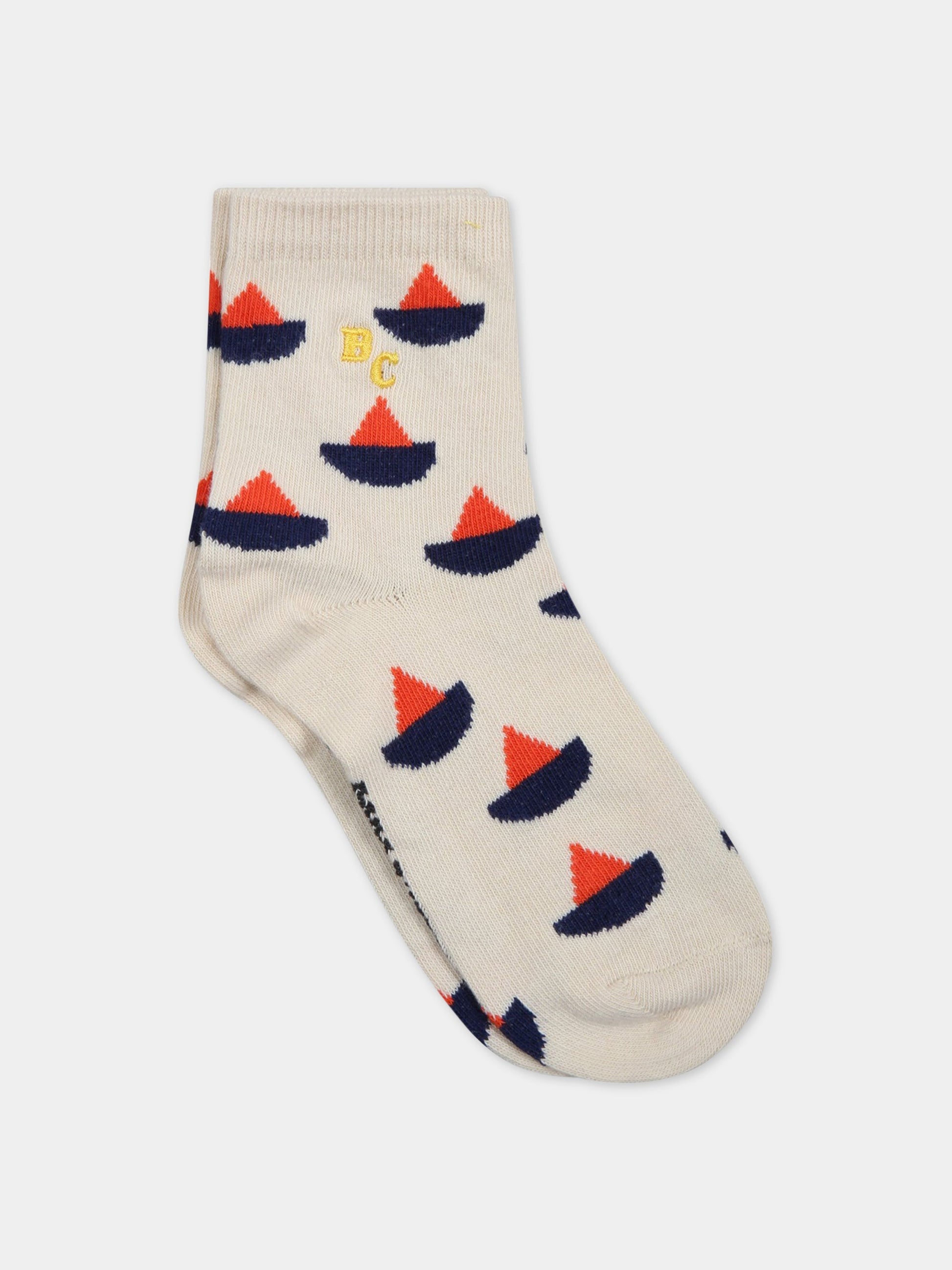 Calze avorio per bambino con stampa barchetta all-over e logo,Bobo Choses,123AI013