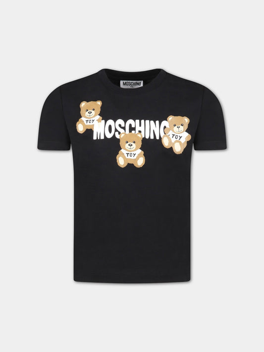 T-shirt nera per bambini con tre Teddy Bear e logo,Moschino Kids,HUM04B LAA23 60100