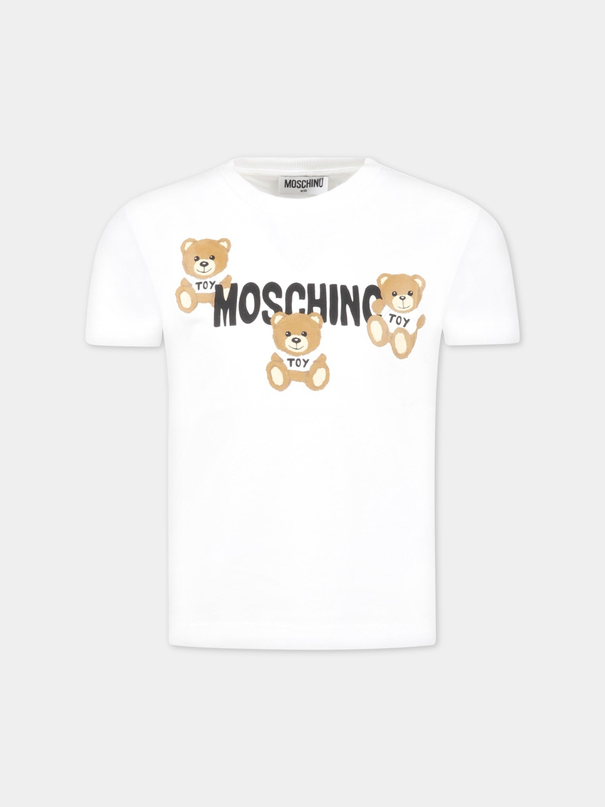 T-shirt bianca per bambini con tre Teddy Bear e logo,Moschino Kids,HUM04B LAA23 10101