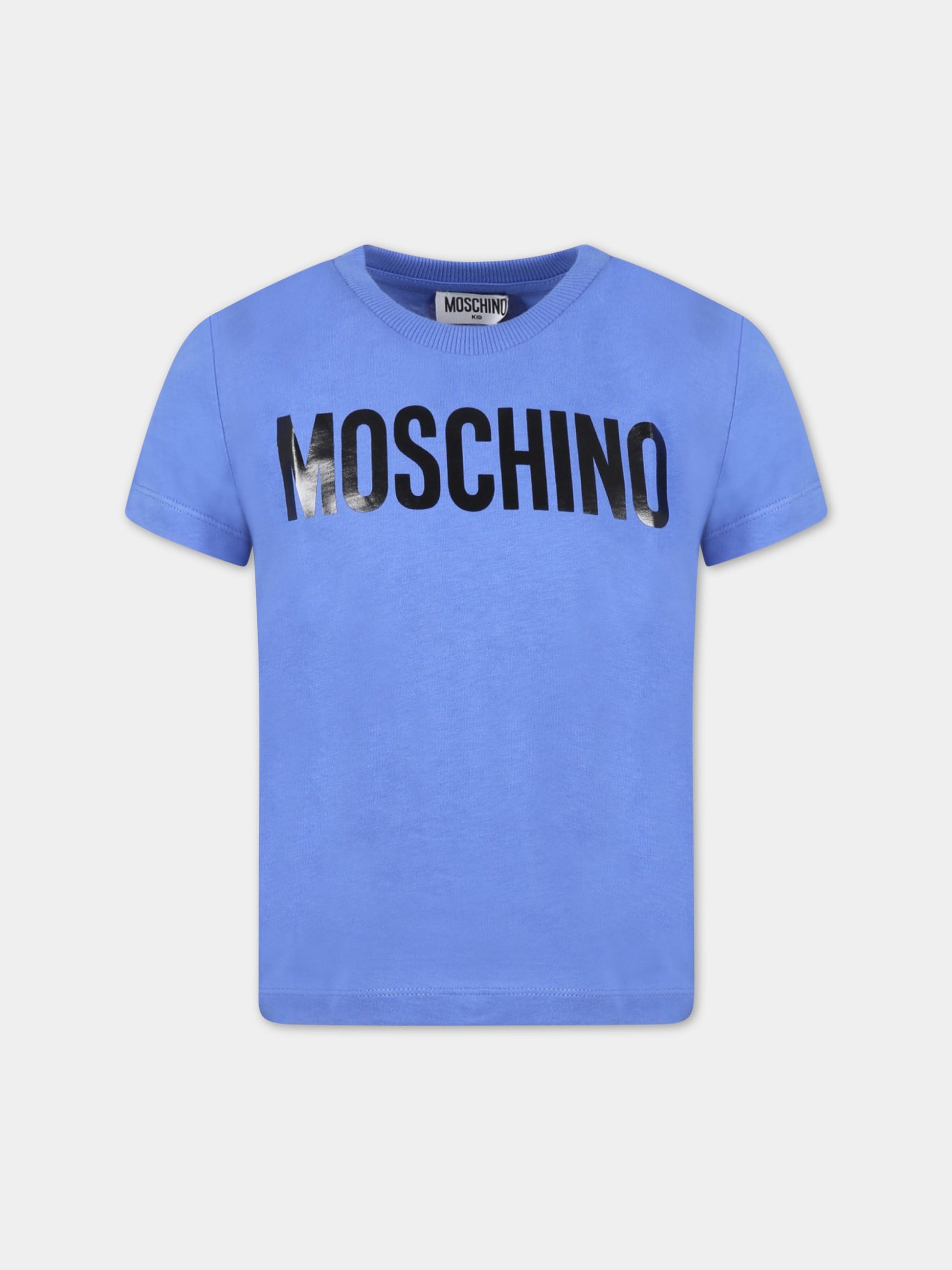 T-shirt blu per bambino con logo nero,Moschino Kids,HWM03L LAA02 40640