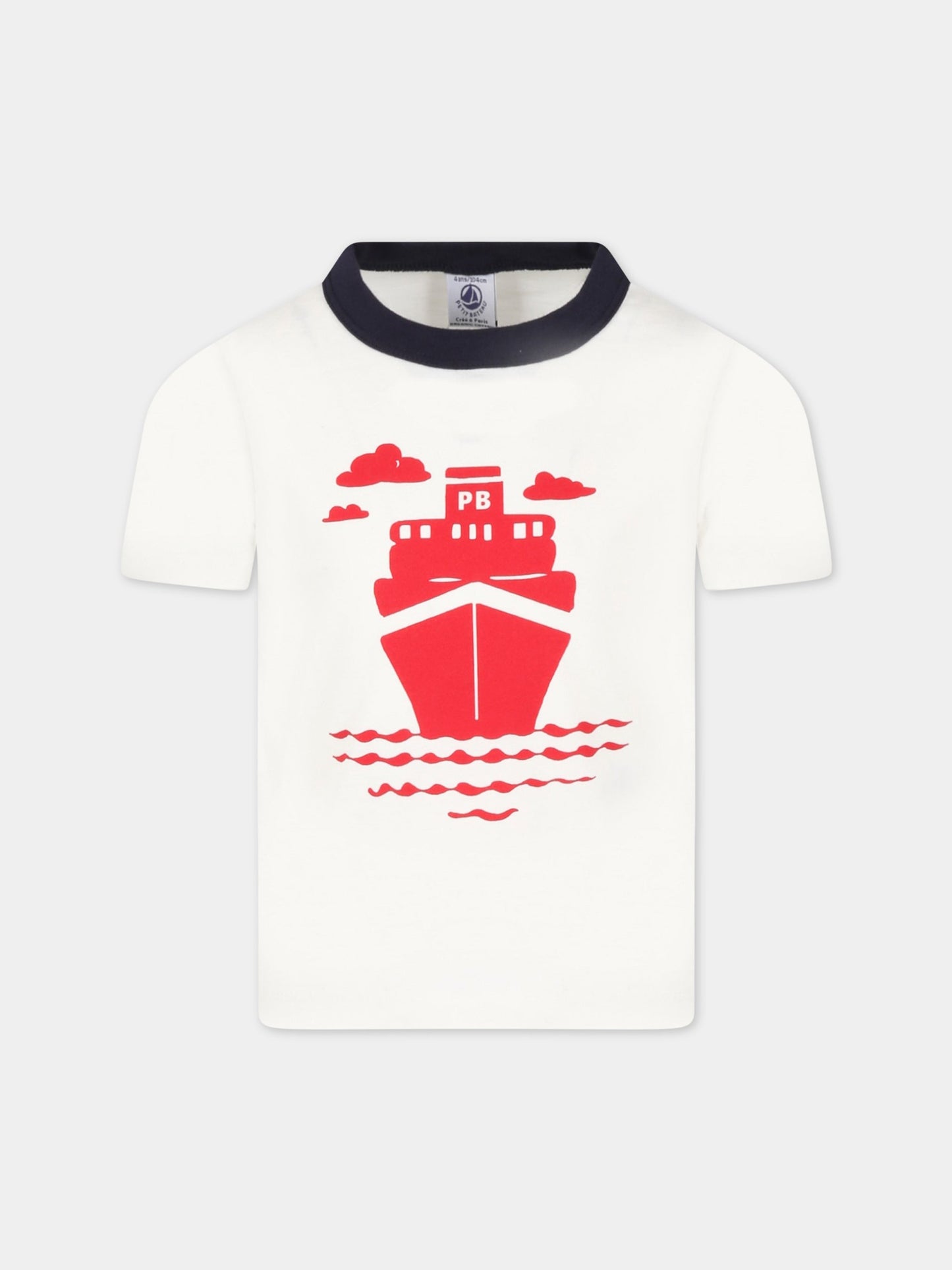 T-shirt bianca per bambino con barca rossa,Petit Bateau,A072O MARSHMALLOW