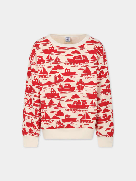 Felpa avorio per bambino con barche rosse,Petit Bateau,A06Z1 AVALANCHE/ROUGE