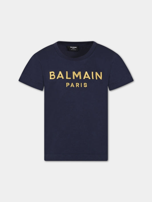T-shirt blu per bambino con logo,Balmain Kids,BS8B31 Z0082 649OR
