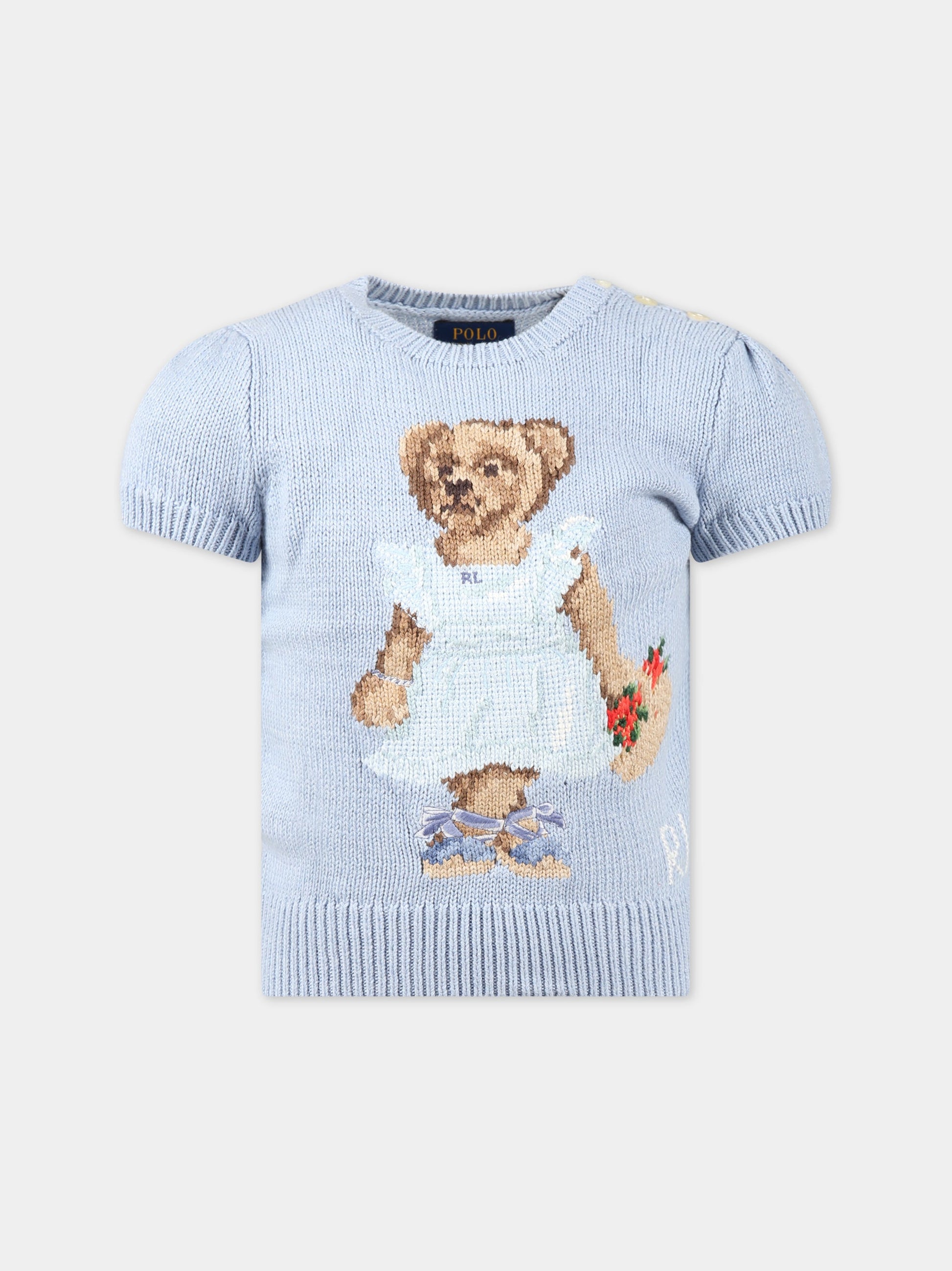 Maglia celeste per bambina con orso e logo,Ralph Lauren Kids,903574001