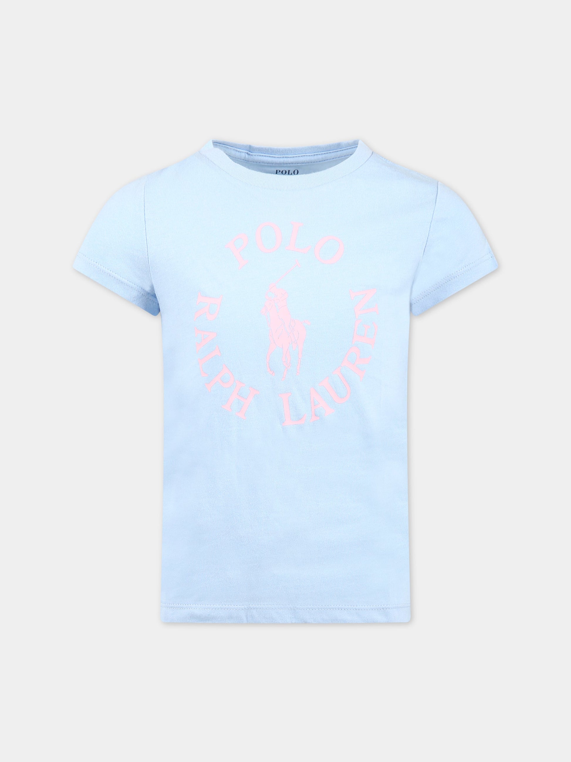 T-shirt celeste per bambina con logo e iconico cavallino,Ralph Lauren Kids,903863001