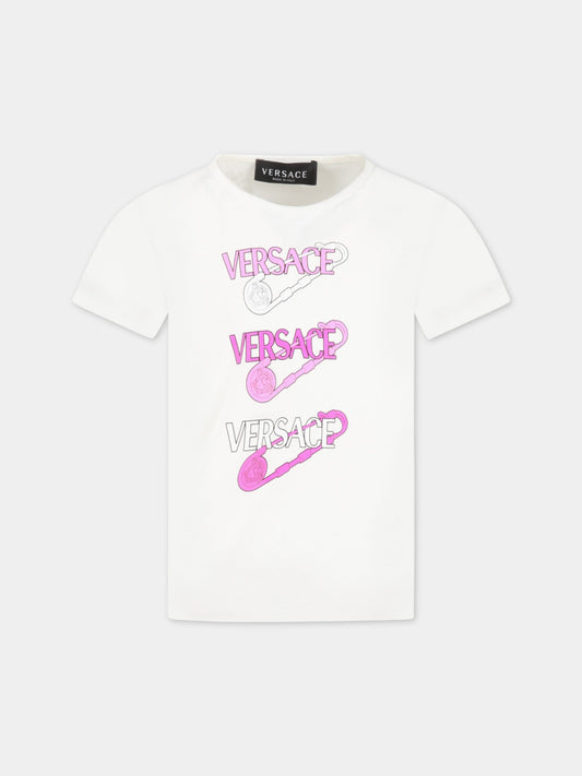 T-shirt bianca per bambina con loghi e Spille Safety,Versace,1009092 1A06482 2W070