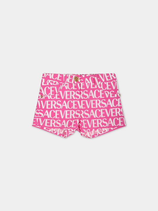 Shorts fucsia per neonata con stampa logo,Versace,1009110 1A05244 5P110