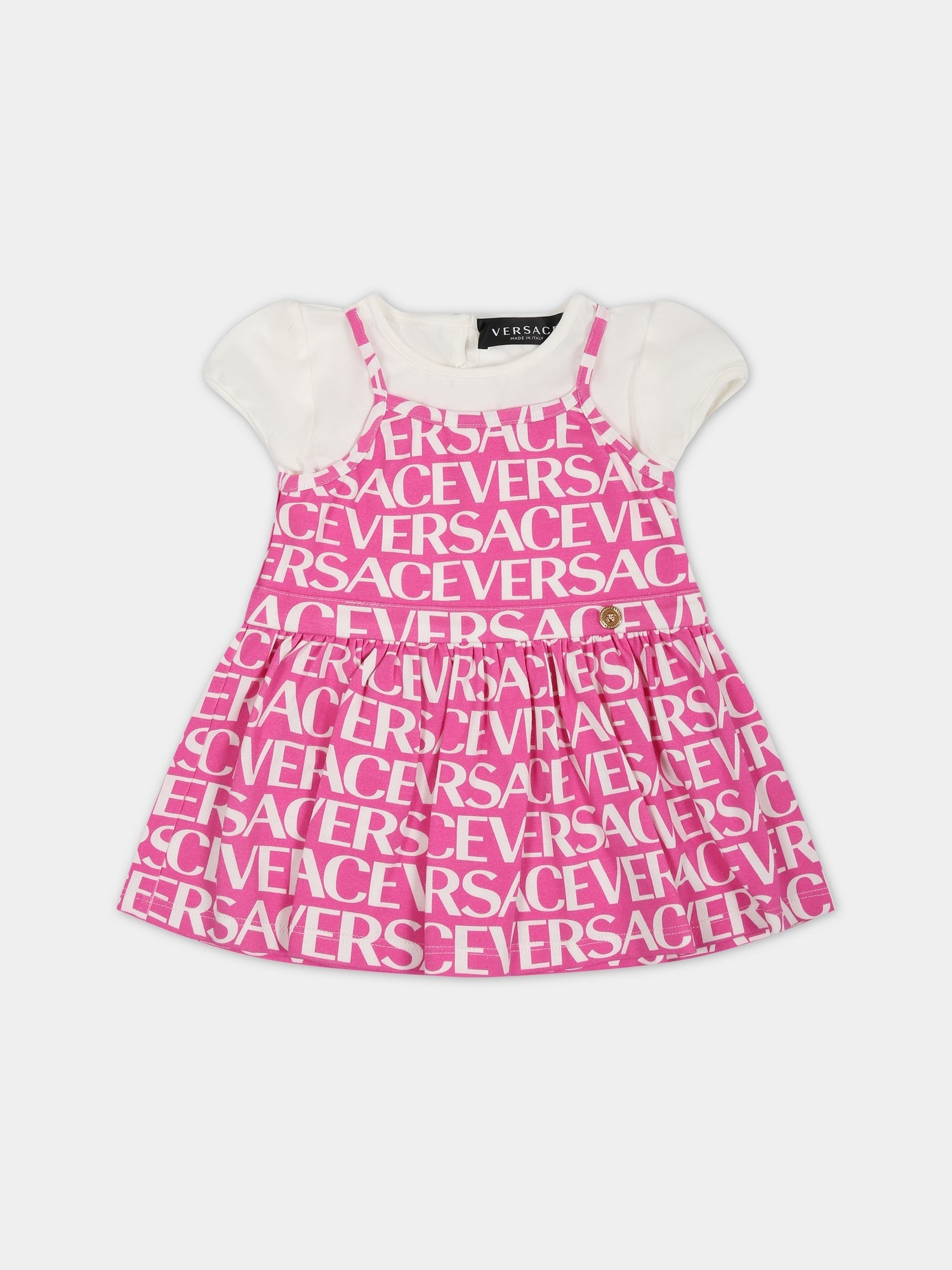 Abito fucsia per neonata con stampa logo,Versace,1003849 1A06466 2W310