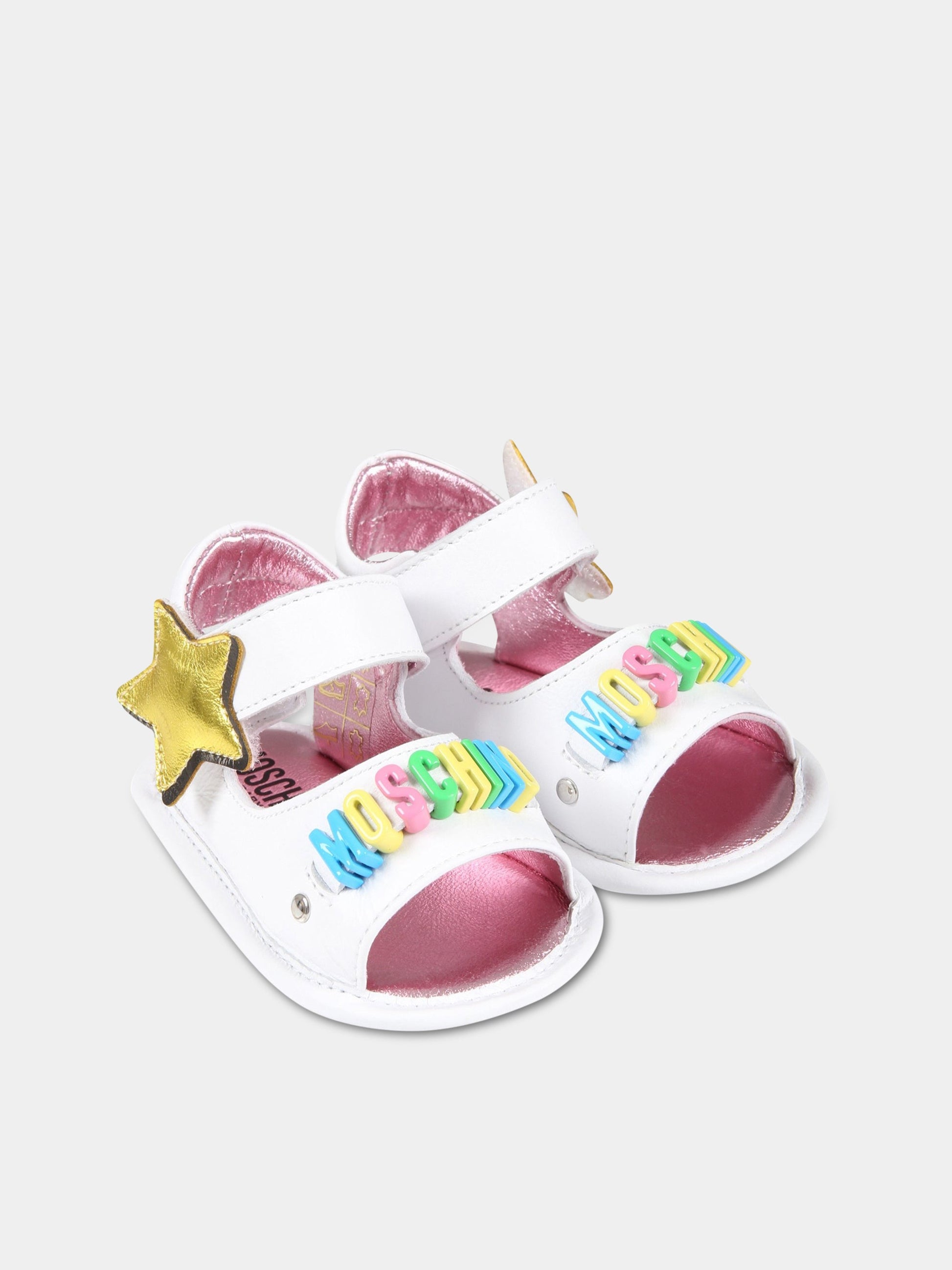 Sandali bianchi per neonata con logo multicolor e stella,Moschino Kids,74259 1