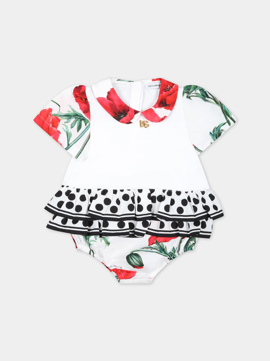 Pagliaccetto bianco per neonata con pois neri e papaverI,Dolce & Gabbana Kids,L21O90 G7H6Q S9000
