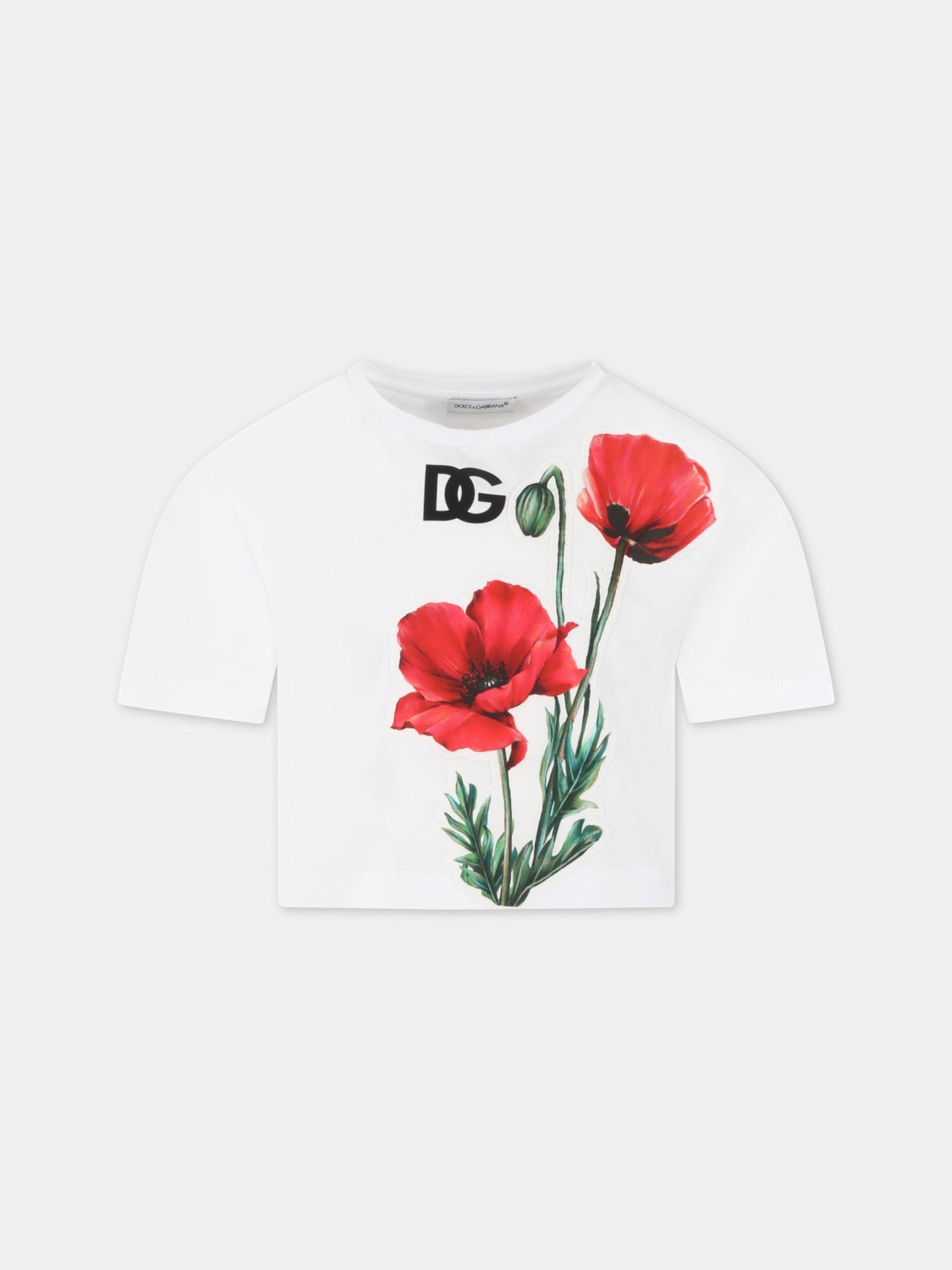 T-shirt bianca per bambina con logo e papaveri,Dolce & Gabbana Kids,L5JTHY G7G9M W0800