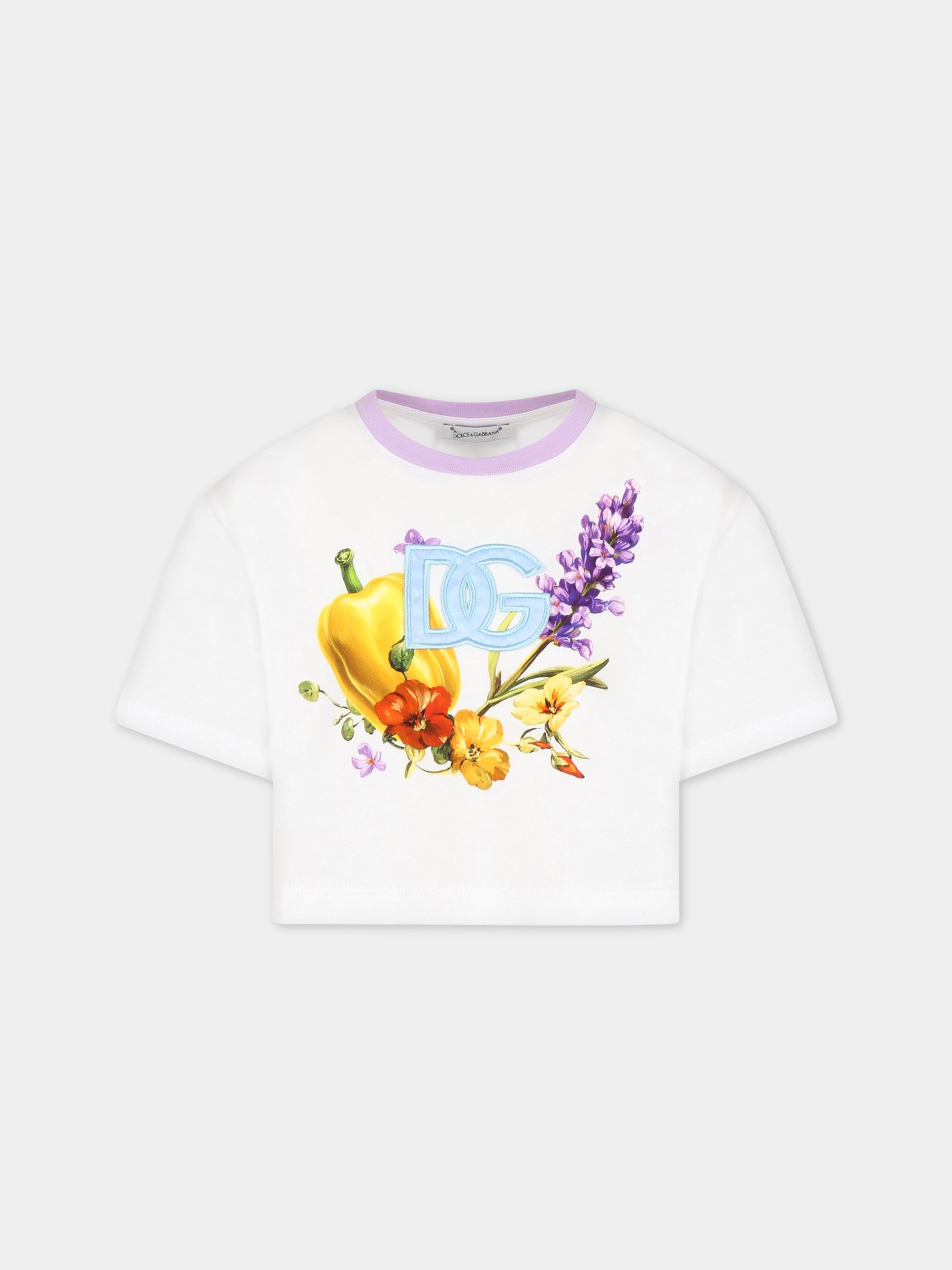 T-shirt bianca per bambina con fiori e iconico logo,Dolce & Gabbana Kids,L5JTHY G7I0Y HW4NK