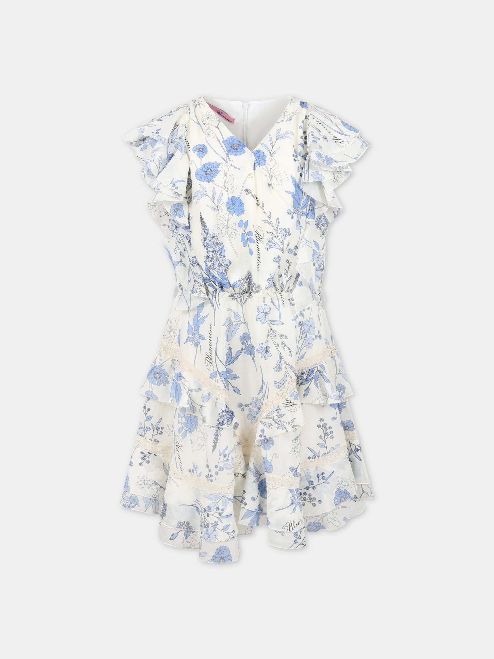 Vestito bianco per bambina con stampa floreale e logo,Blumarine Baby,IA3060T2523 Q9210