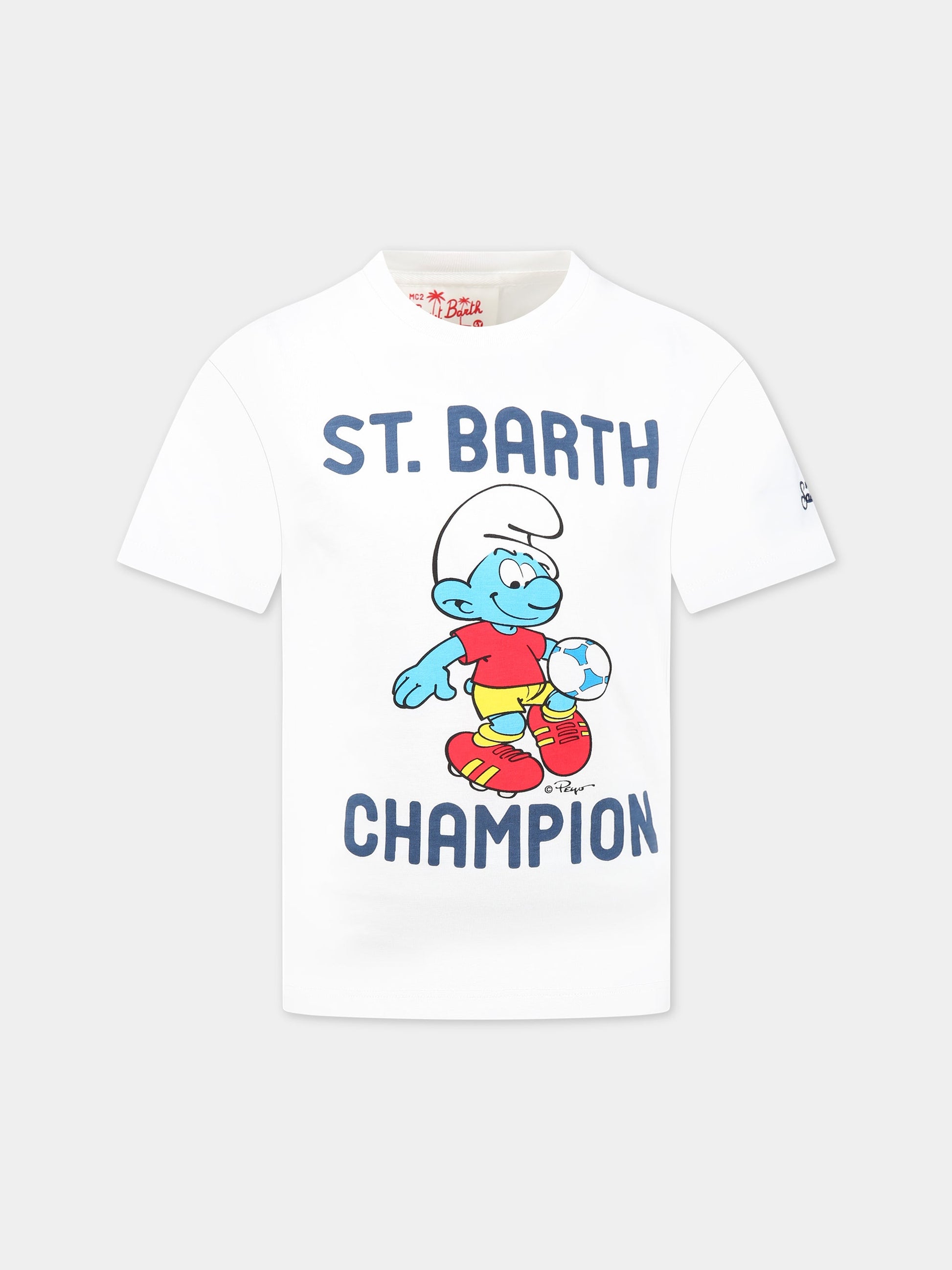 T-shirt bianca per bambino con stampa Puffo, scritta Champion  e logo,Mc2 Saint Barth,TSHIRT BOY SMURF SOCCER 01N
