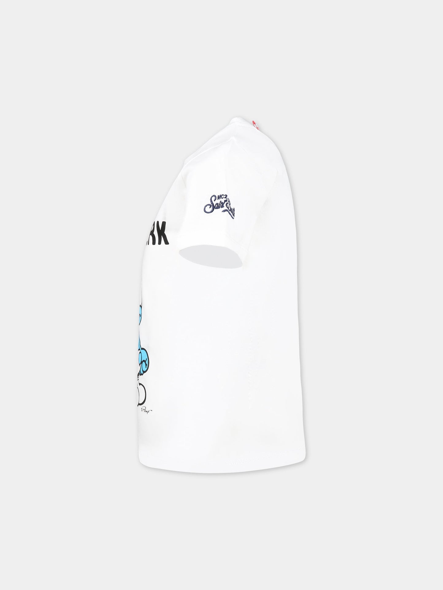 T-shirt bianca per bambino con stampa Puffo, scritta  I hate homework  e logo,Mc2 Saint Barth,TSHIRT BOY SMURF HW 01N