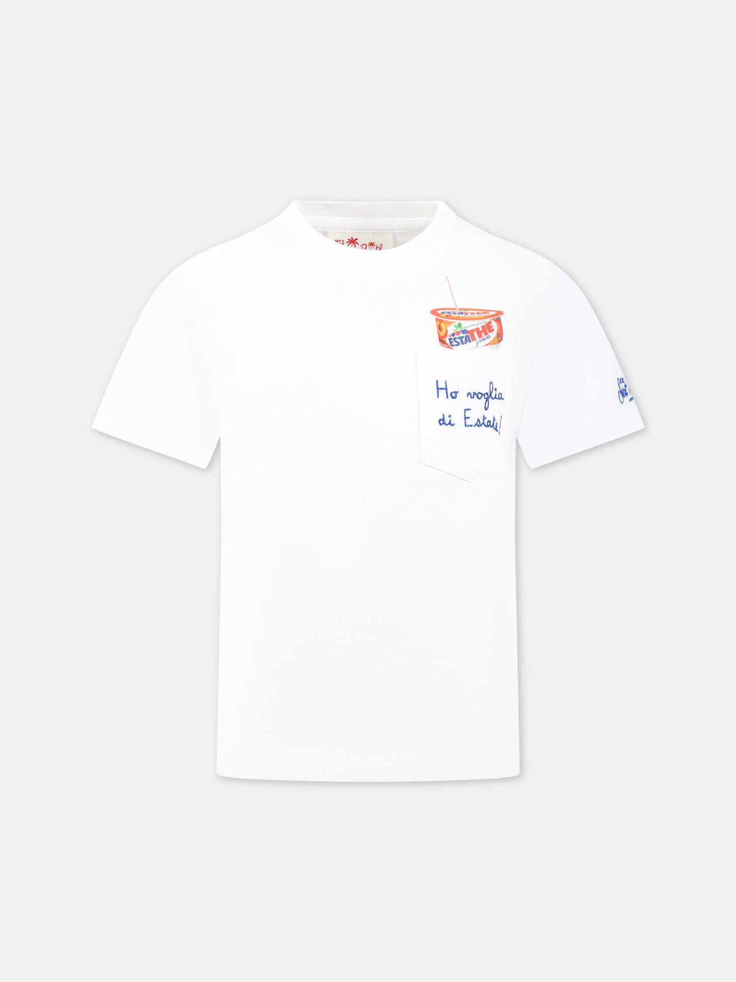 T-shirt bianca per bambini con stampa Estathé, scritta  Ho voglia di Estate  e logo,Mc2 Saint Barth,EDDY PEACH ESTATHE 01N EMB