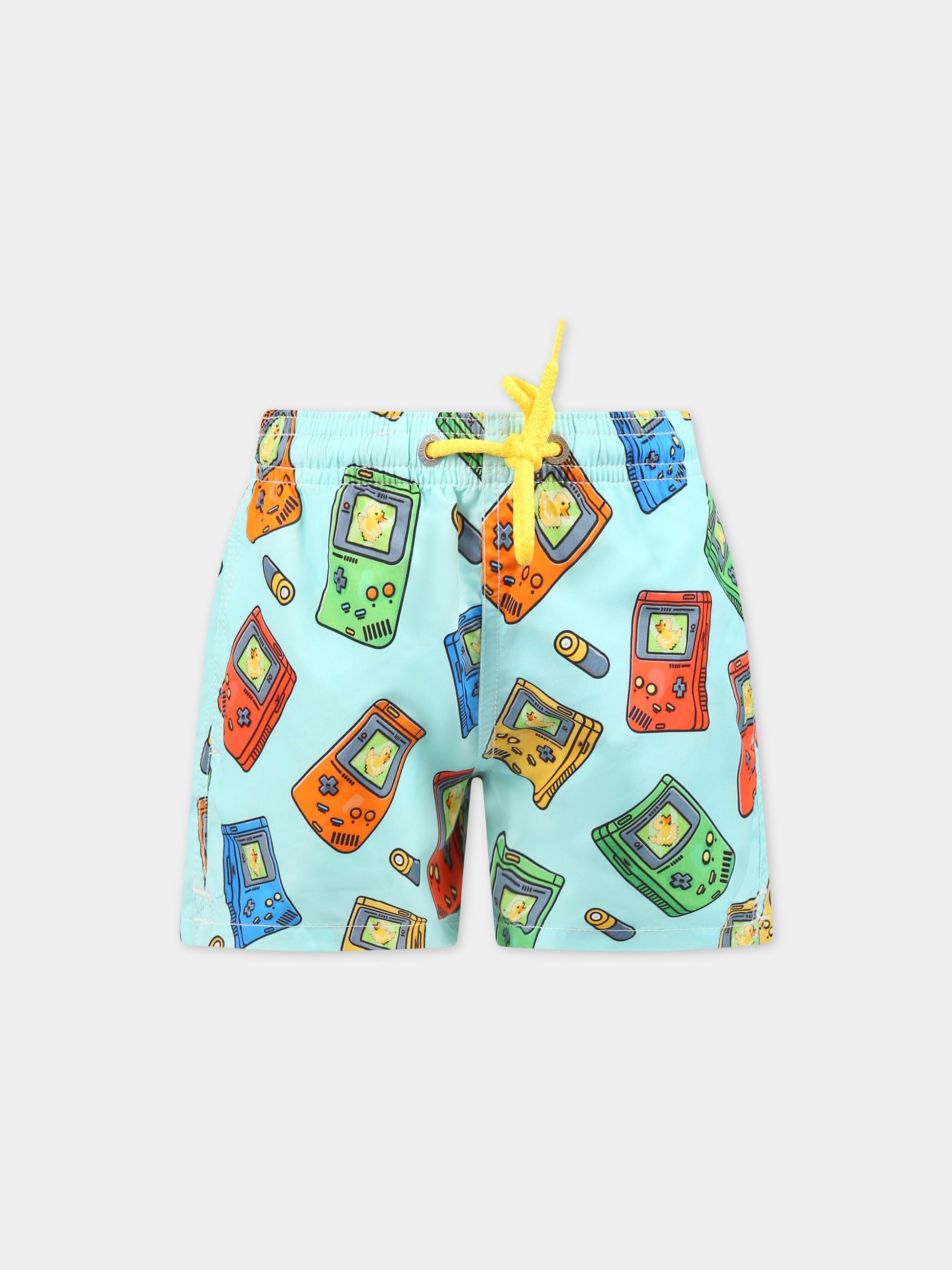 Boxer-mare celeste per bambino con stampa videogames e logo,Mc2 Saint Barth,JEAN BOY GAME 56