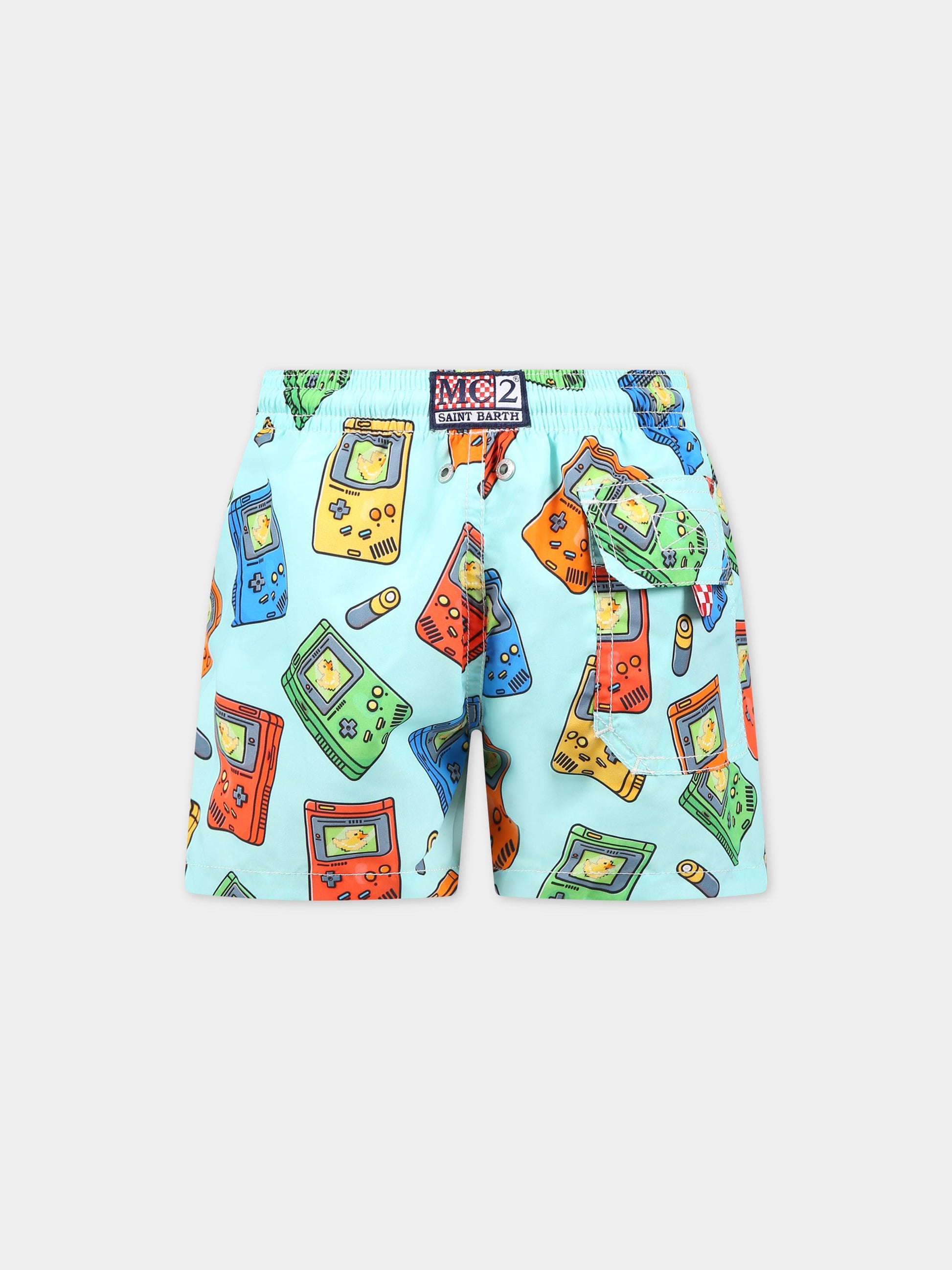 Boxer-mare celeste per bambino con stampa videogames e logo,Mc2 Saint Barth,JEAN BOY GAME 56