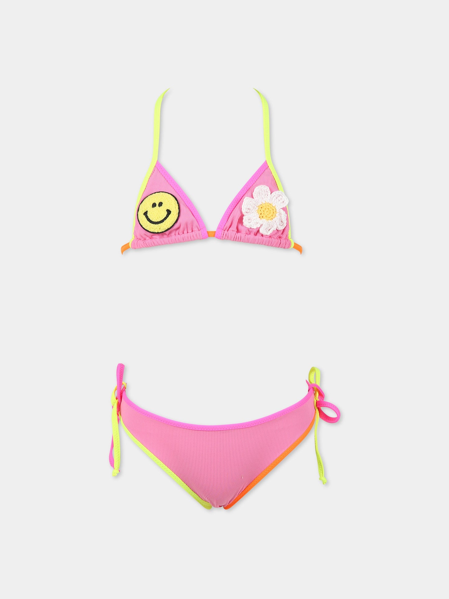 Bikini fucsia per bambina con logo, patch smile e fiore,Mc2 Saint Barth,HOLLY STRING RIB 23 MULTIC SMILE DAISY PATCH