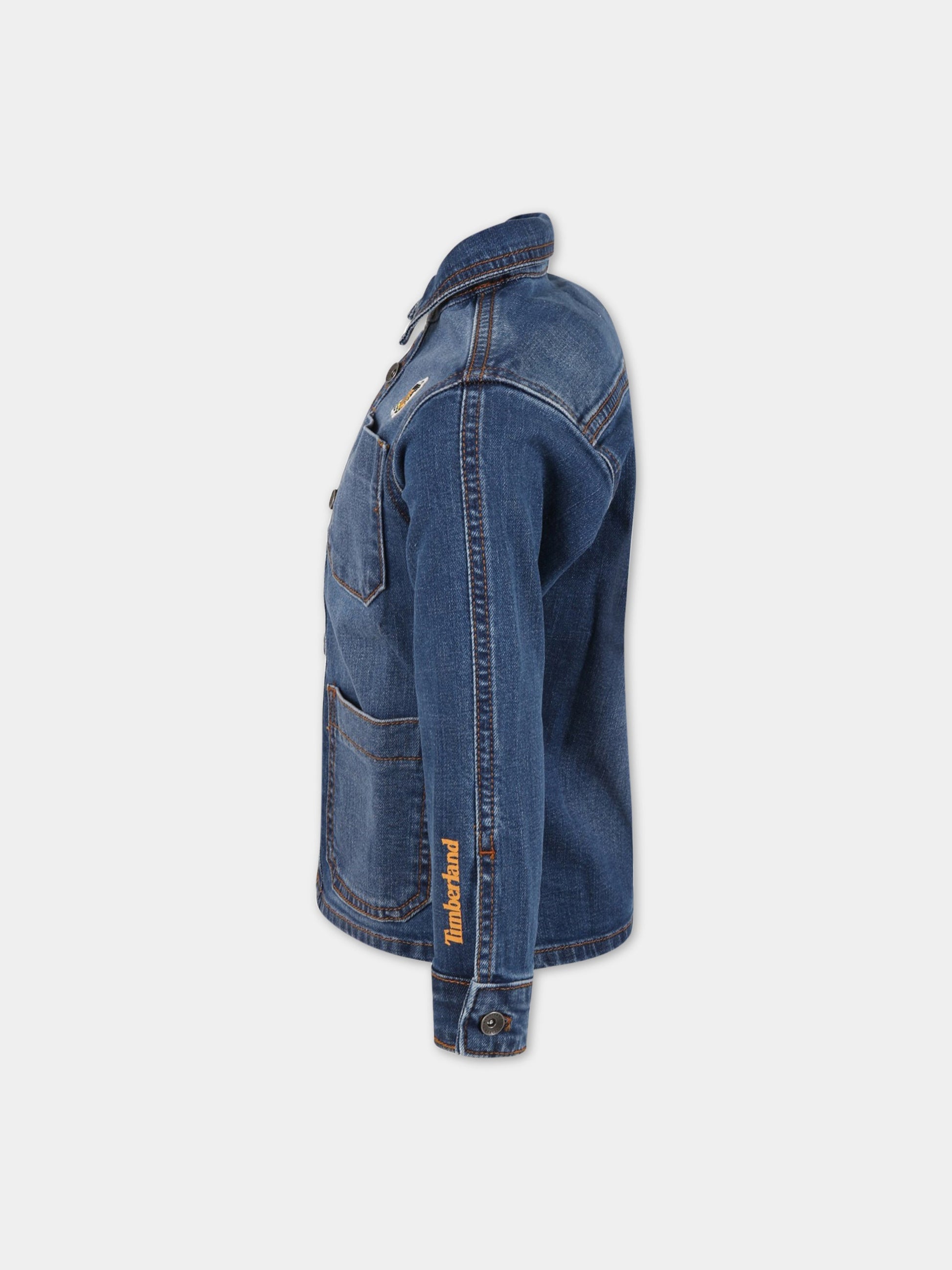Camicia blu denim per bambino con patch logato e logo,Timberland,T25S52 Z250