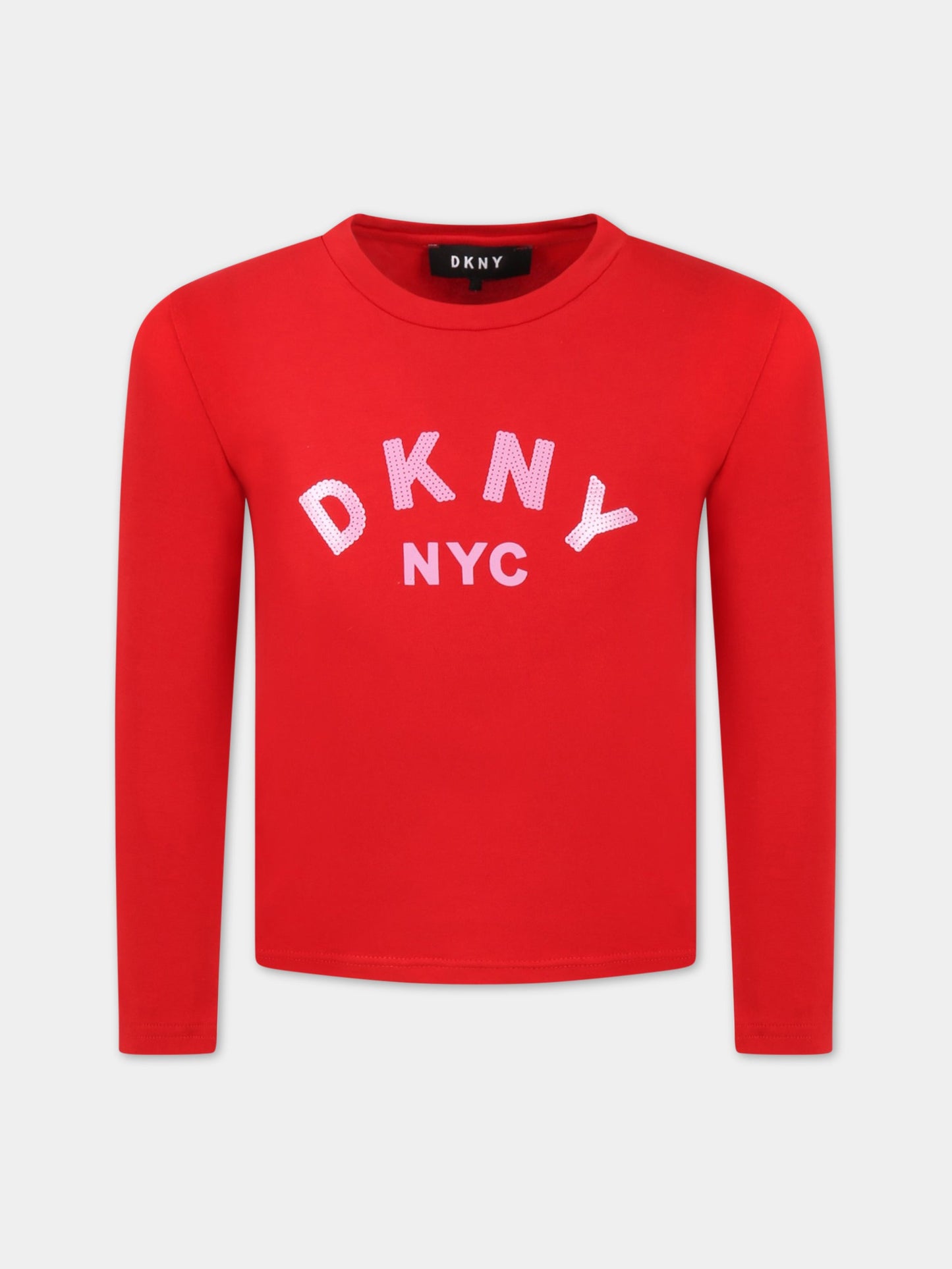 T-shirt rossa per bambina con logo rosa,Dkny,D35R57 991