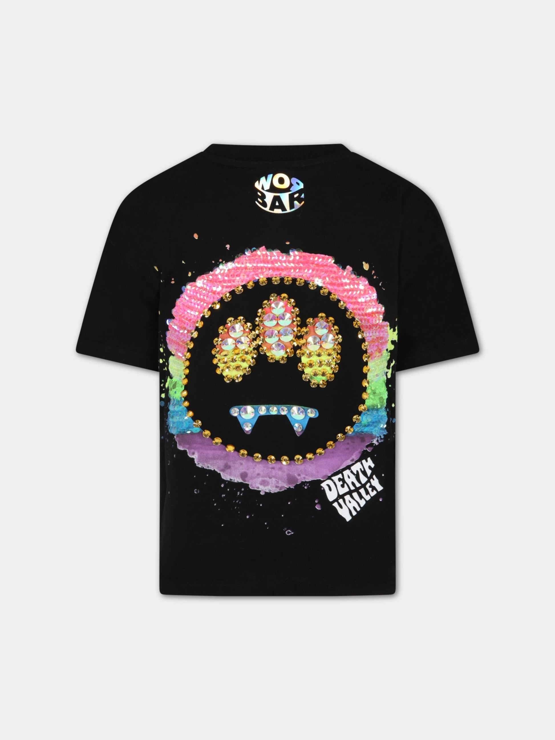 T-shirt nera per bambina con logo di paillettes,Barrow,031846 110