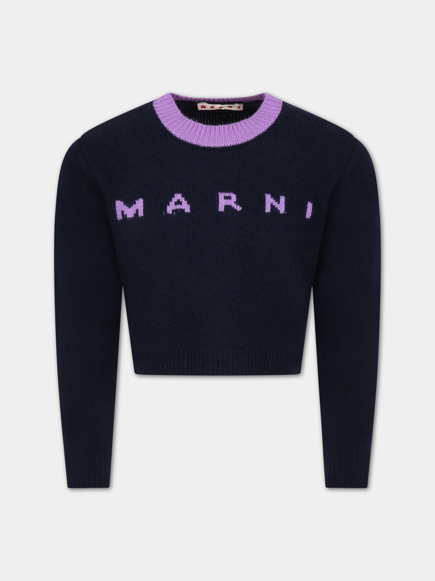 Maglione blu per bambina con logo viola,Marni Kids,M00623 M00ML 0M803